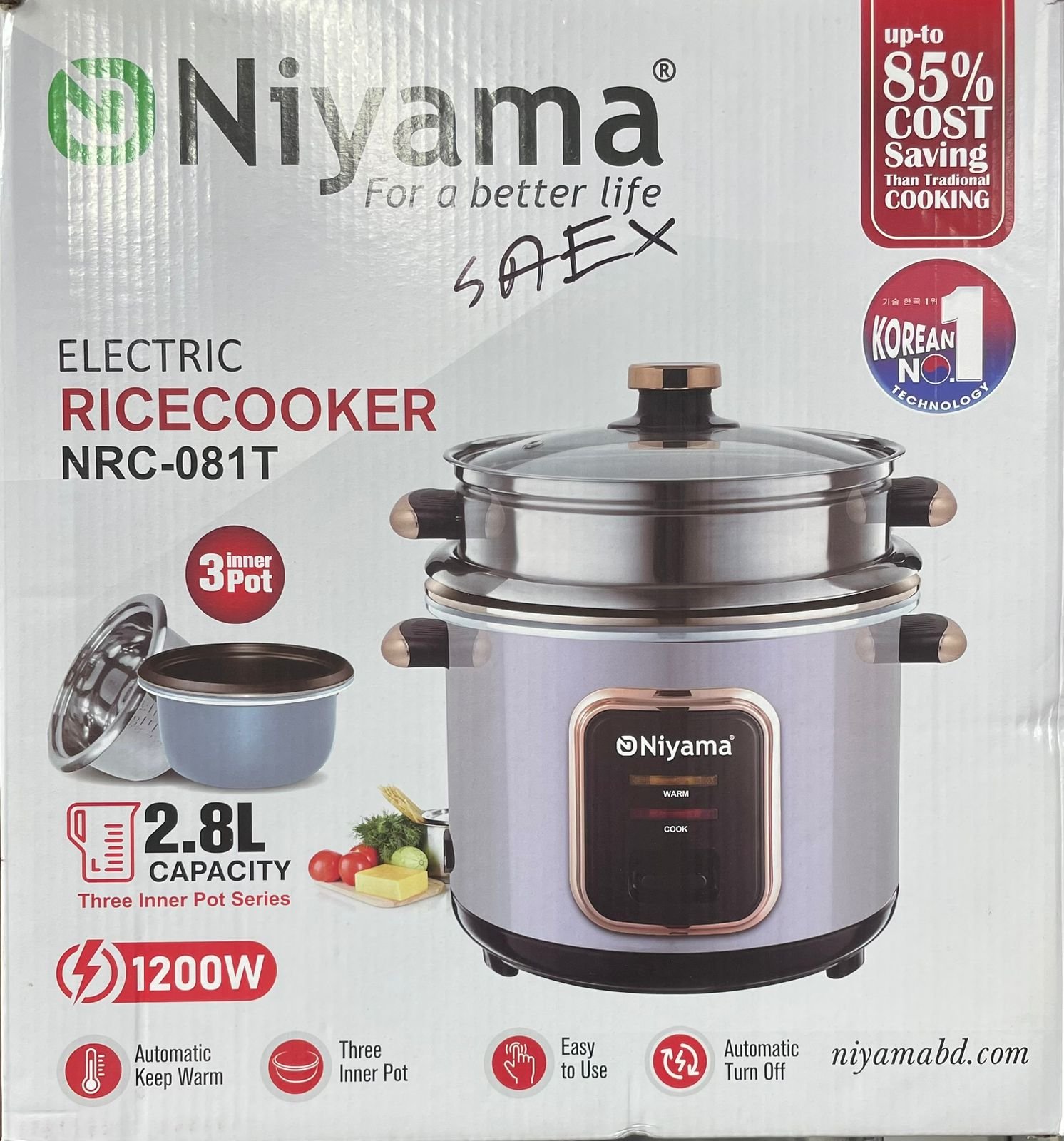 223491c0-3af5-4902-a256-d589e46a3c47 Niyama Electric Rice cooker NRC-081T, 2.8Litar, 3 inner pot, 1200W - Image 1