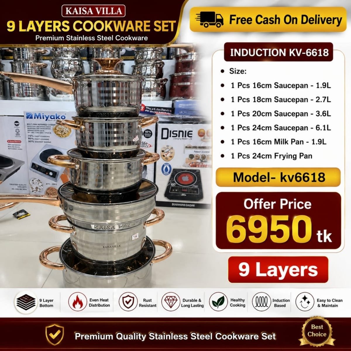 TEXX (2) Kv-6618, 9 Layers Induction Based, 12pcs Kaisa Villa stainless steel cookware set casserole, Saucepan, Milkpan With Faypan Best Quality & Best Price in BD - Image 1