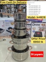 Kv-6618, 9 Layers Induction Based, 12pcs Kaisa Villa stainless steel cookware set casserole, Saucepan, Milkpan With Faypan Best Quality & Best Price in BD