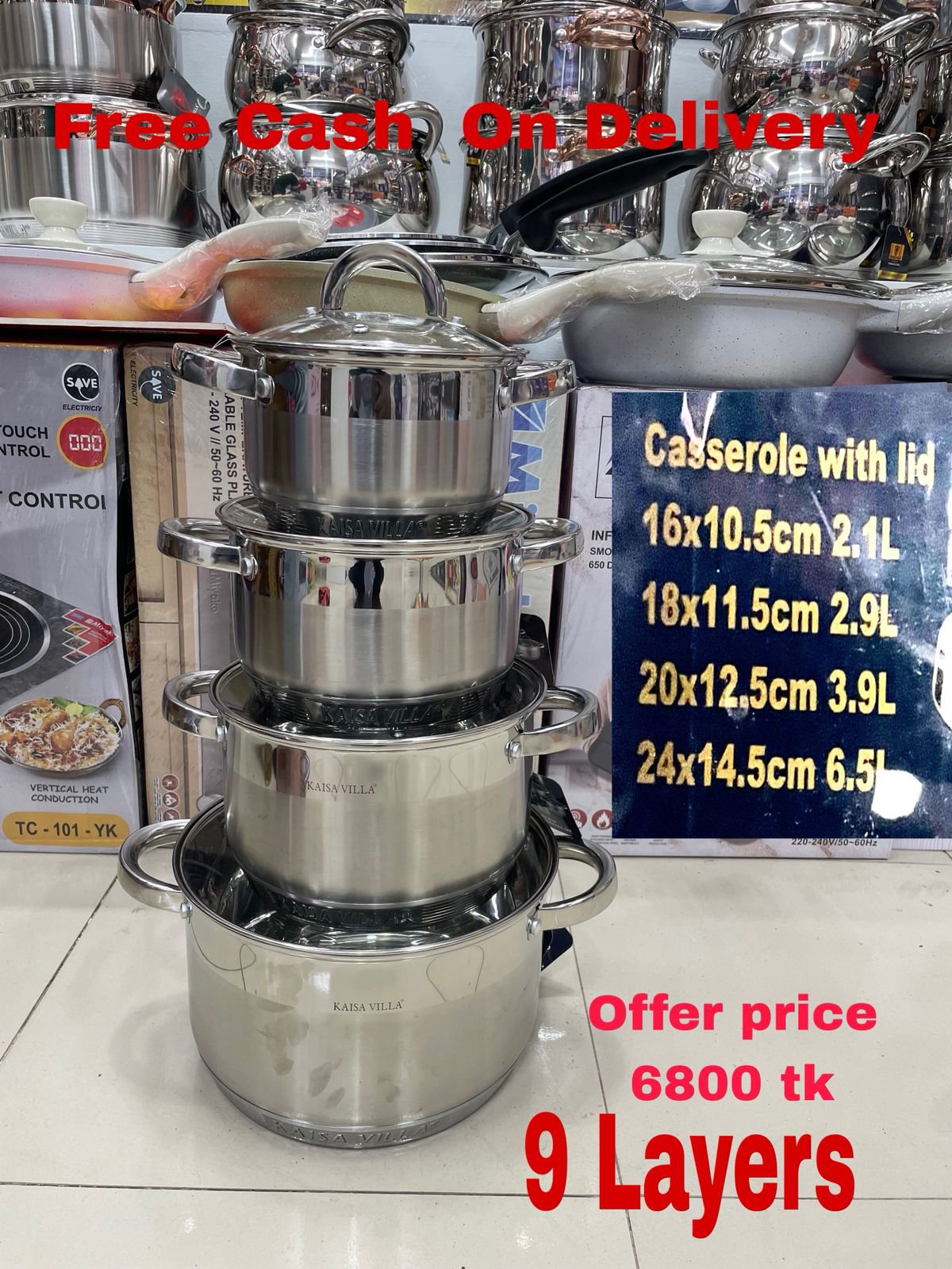 product-6 Kaisa Villa 9 Layers Stainless Steel Casserole Set with Lid - Image 1