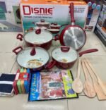 Disnie Italy Super Ceramic Induction Non Stick Cooking Set-7Pcs - Red With Gift