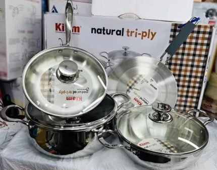 KIAM NATURAL TRI-PLY STAINLESS STEEL COOKWARE 7-PIECE SET- KARAI 26 CM, CASSEROL 26 CM, RUTI TAWA 26 CM, FRY PAN 24 CM