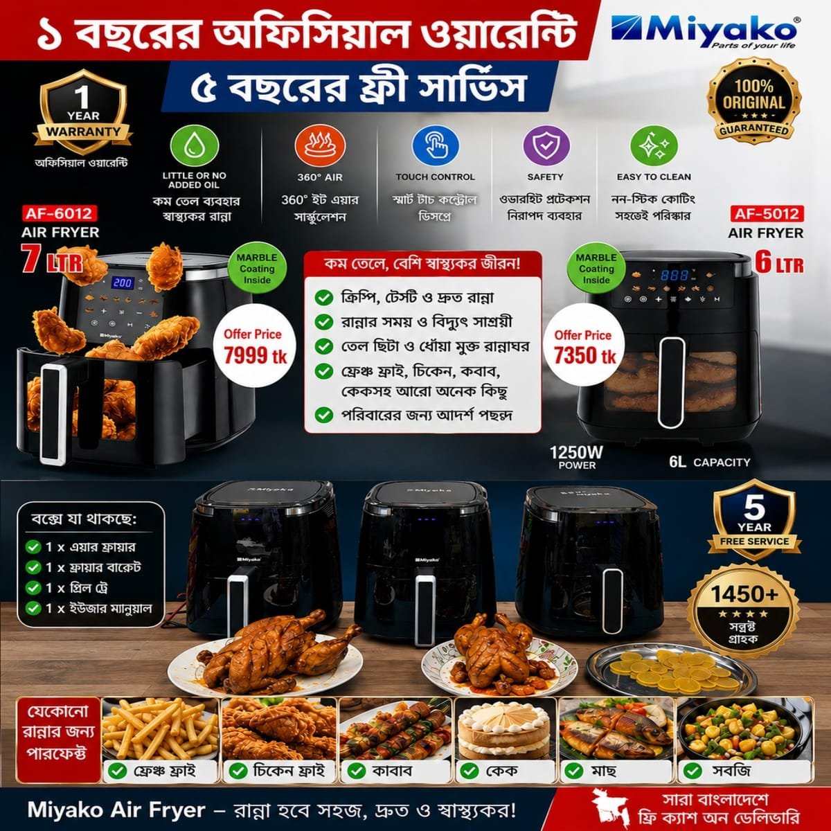 THEX-UBEX Miyako Air Fryer (AF-6012, 7 Liter-1800watts) // (AF-5012, 6Liter-1250Watts) Best Quality & Best Price in BD - Image 1