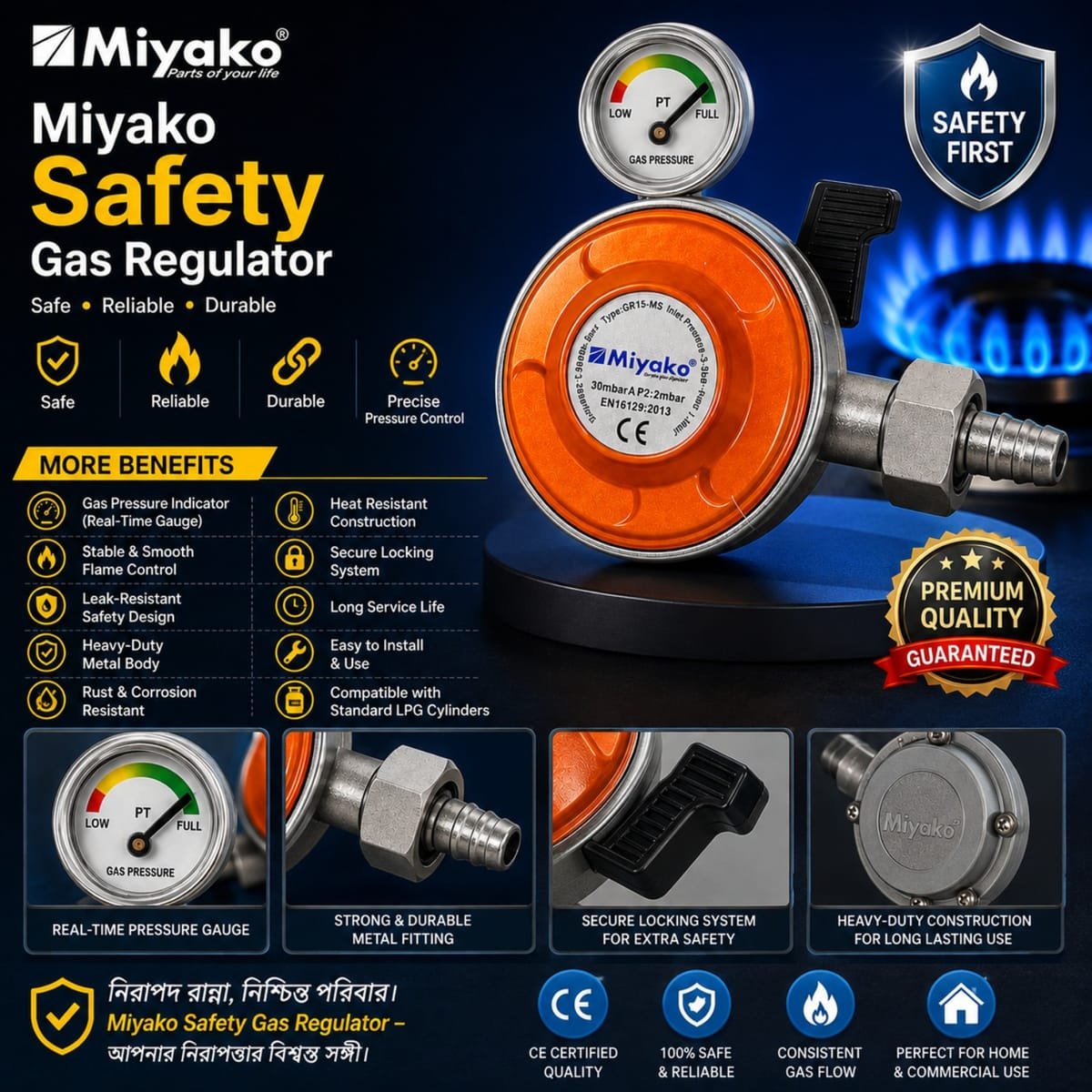 MFEX Miyako Safety Gas Regulator With Gas Level Indicator, Safety Lock System & Leak Resistant Design. - Image 1
